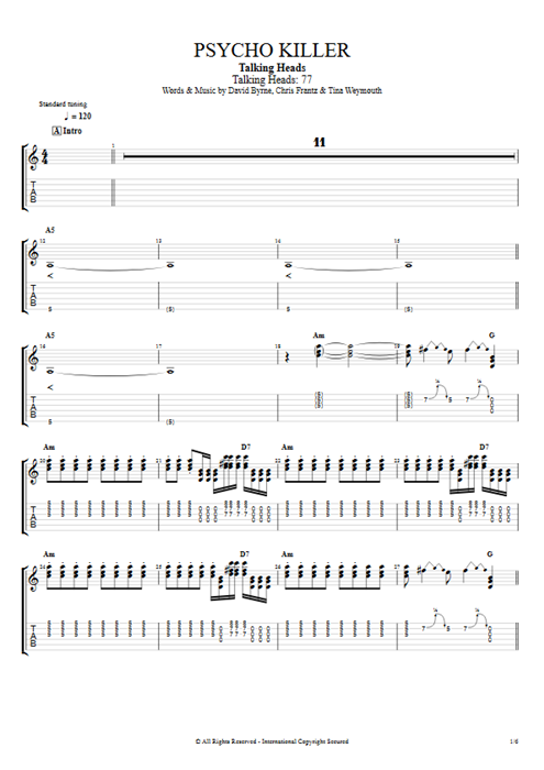 Psycho Killer Talking Heads guitar pro tab EGuitarI Full Score mysongbook