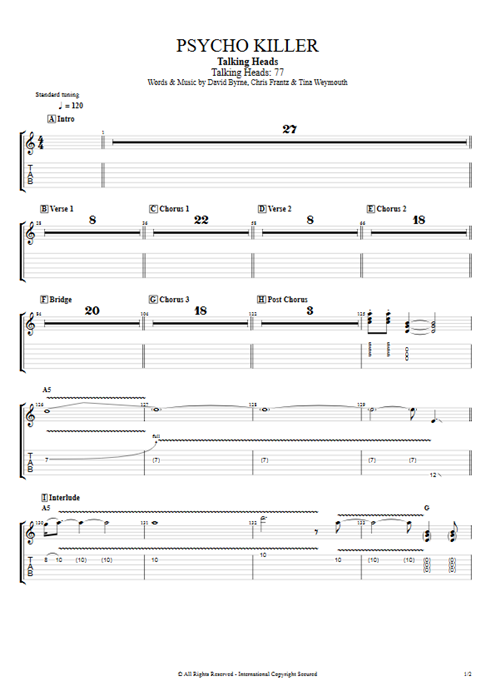 Psycho Killer Talking Heads guitar pro tab EGuitarIII Full Score mysongbook
