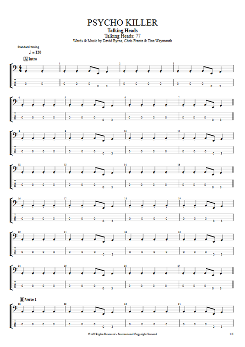 Psycho Killer Talking Heads guitar pro tab EBass Full Score mysongbook