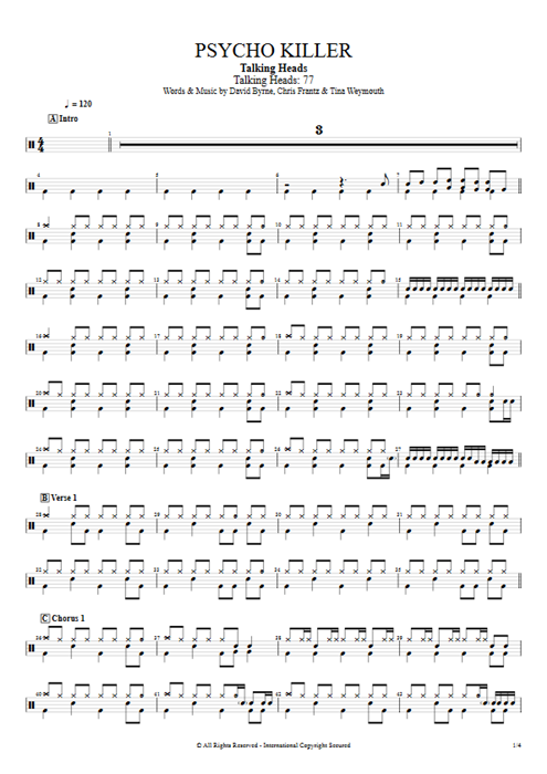 Psycho Killer Talking Heads guitar pro tab Drums Full Score mysongbook