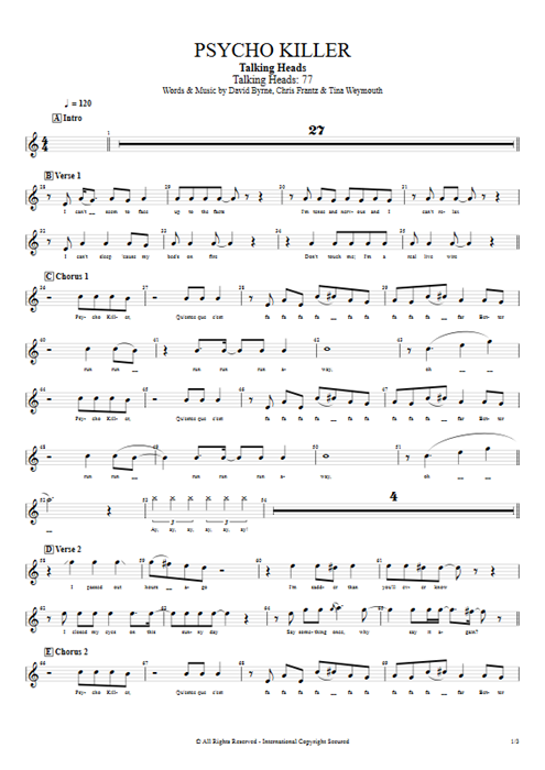 Psycho Killer Talking Heads guitar pro tab Vocals Full Score mysongbook