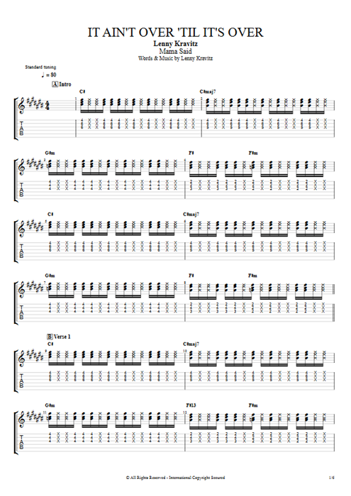 It Ain't Over 'Til It's Over Lenny Kravitz guitar pro tab EGuitar Guitars, Bass & Backing Track mysongbook