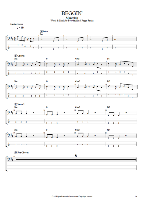 Beggin' Måneskin guitar pro tab EBass Bass & Backing Track mysongbook