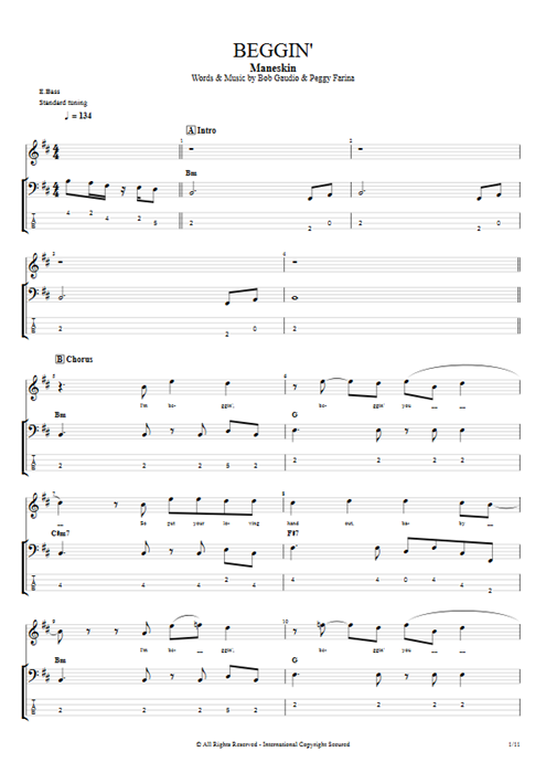 Beggin' Måneskin guitar pro tab Full Score Bass & Backing Track mysongbook