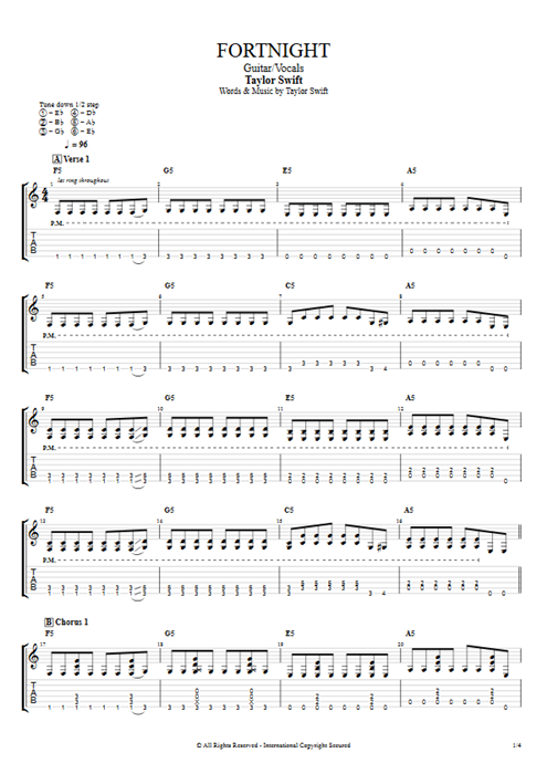 Fortnight Taylor Swift guitar pro tab AGuitar Guitar & Vocals mysongbook