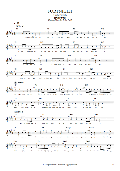Fortnight Taylor Swift guitar pro tab Vocals Guitar & Vocals mysongbook