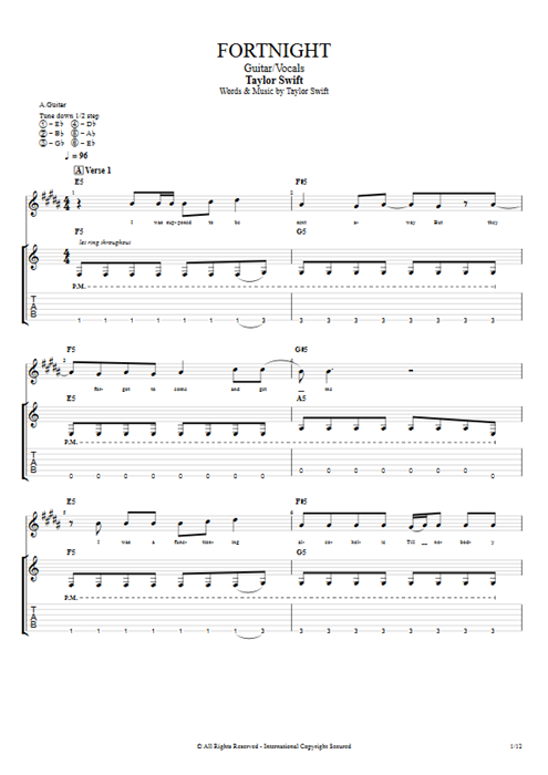 Fortnight Taylor Swift guitar pro tab Full Score Guitar & Vocals mysongbook