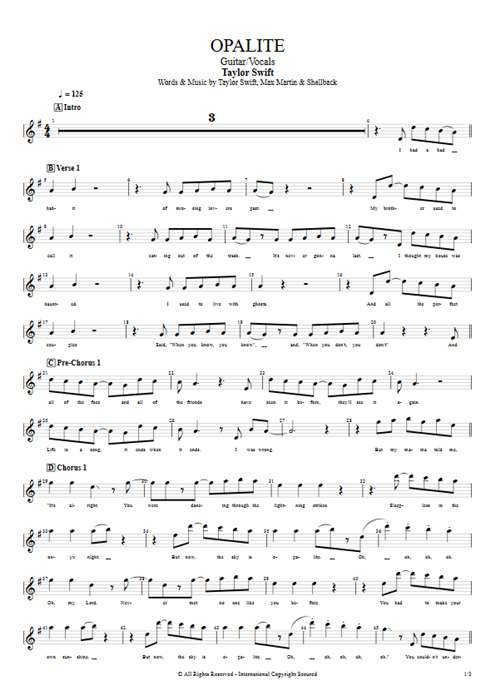Opalite Taylor Swift guitar pro tab Vocals Guitar & Vocals mysongbook