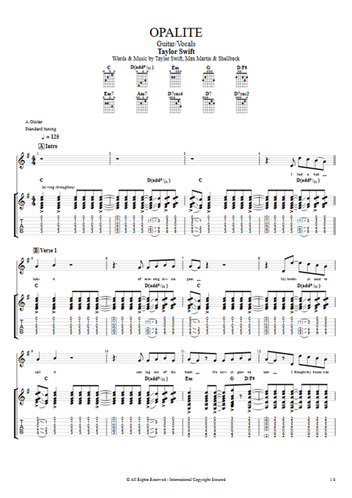 Opalite Taylor Swift guitar pro tab Full Score Guitar & Vocals mysongbook