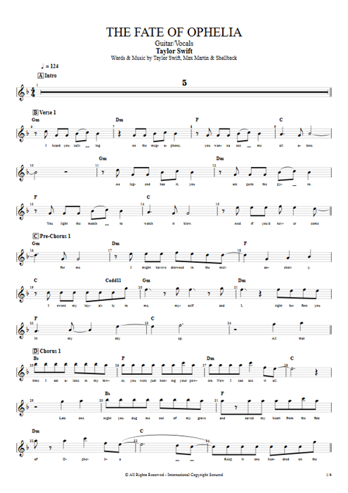 The Fate of Ophelia Taylor Swift guitar pro tab Vocals Guitar & Vocals mysongbook