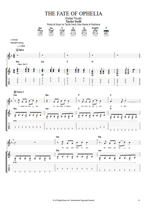 The Fate of Ophelia Taylor Swift guitar pro tab Full Score Guitar & Vocals mysongbook