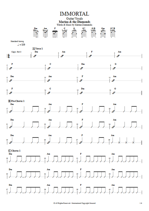 Immortal Marina and the Diamonds guitar pro tab AGuitar Guitar & Vocals mysongbook