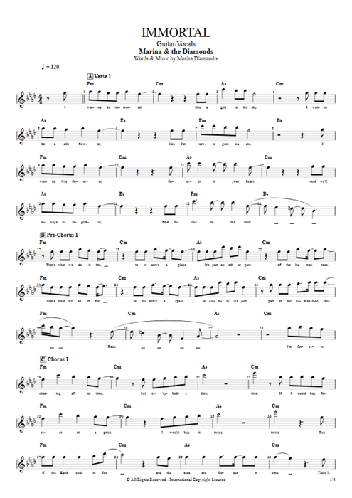 Immortal Marina and the Diamonds guitar pro tab Vocals Guitar & Vocals mysongbook