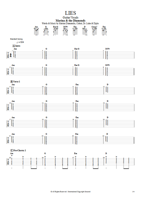 Lies Marina and the Diamonds guitar pro tab AGuitar Guitar & Vocals mysongbook