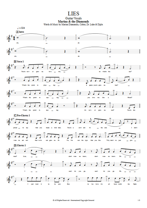 Lies Marina and the Diamonds guitar pro tab Vocals Guitar & Vocals mysongbook