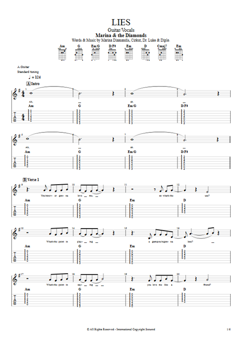 Lies Marina and the Diamonds guitar pro tab Full Score Guitar & Vocals mysongbook