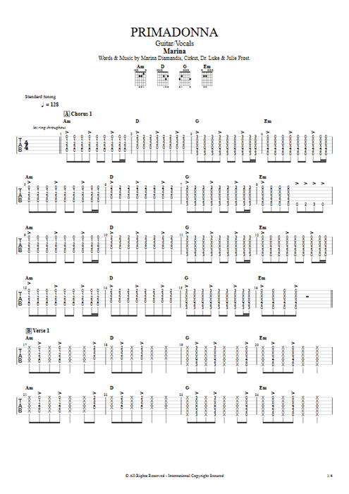 Primadonna Marina and the Diamonds guitar pro tab AGuitar Guitar & Vocals mysongbook