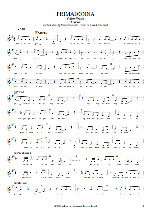 Primadonna Marina and the Diamonds guitar pro tab Vocals Guitar & Vocals mysongbook