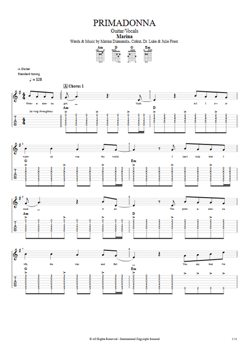 Primadonna Marina and the Diamonds guitar pro tab Full Score Guitar & Vocals mysongbook