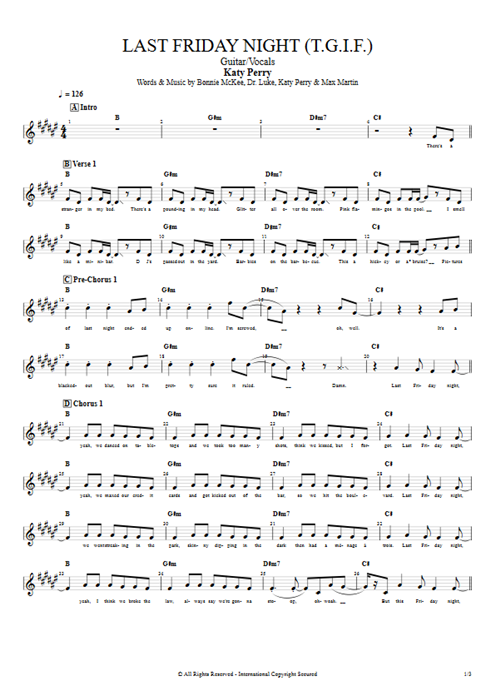 Last Friday Night (T.G.I.F.) Katy Perry guitar pro tab Vocals Guitar & Vocals mysongbook