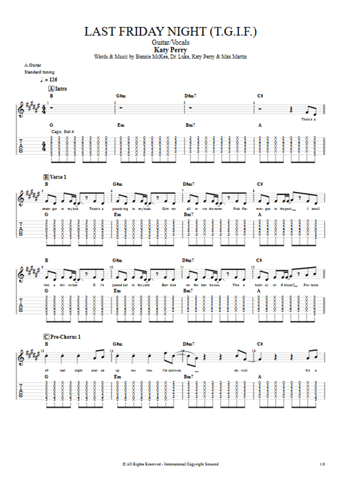 Last Friday Night (T.G.I.F.) Katy Perry guitar pro tab Full Score Guitar & Vocals mysongbook