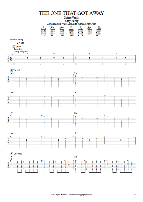 The One That Got Away Katy Perry guitar pro tab AGuitar Guitar & Vocals mysongbook
