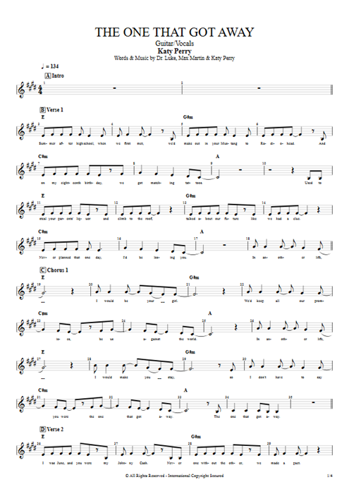 The One That Got Away Katy Perry guitar pro tab Vocals Guitar & Vocals mysongbook