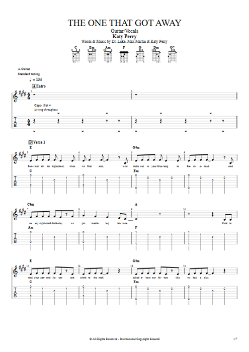 The One That Got Away Katy Perry guitar pro tab Full Score Guitar & Vocals mysongbook