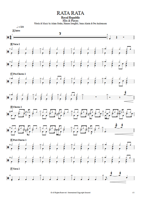 Rata Rata Royal Republic guitar pro tab Drums Full Score mysongbook