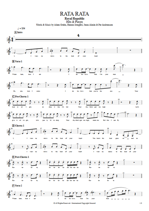 Rata Rata Royal Republic guitar pro tab Vocals Full Score mysongbook