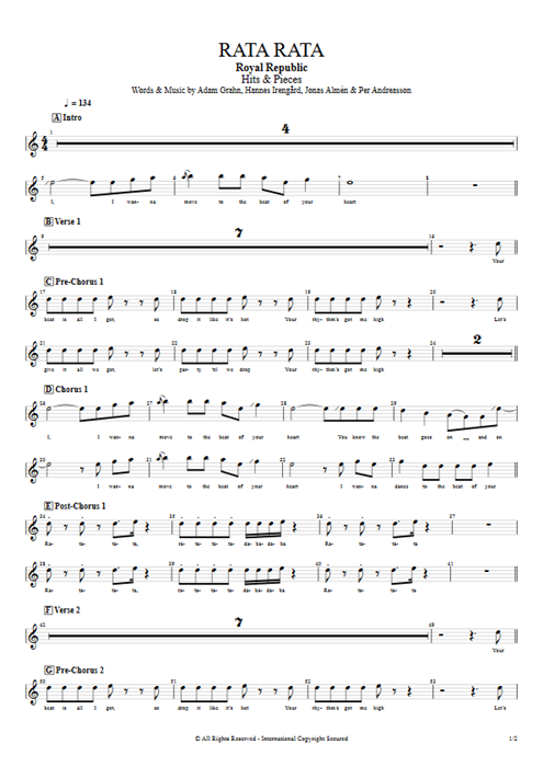 Rata Rata Royal Republic guitar pro tab BackVocI Full Score mysongbook
