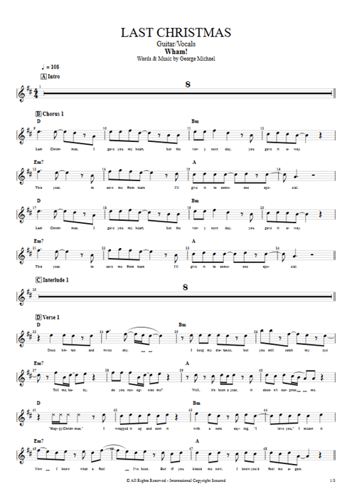 Last Christmas Wham! guitar pro tab Vocals Guitar & Vocals mysongbook