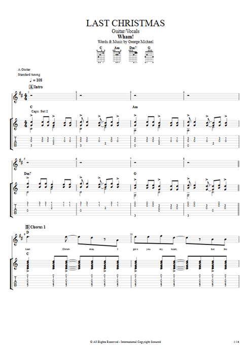 Last Christmas Wham! guitar pro tab Full Score Guitar & Vocals mysongbook