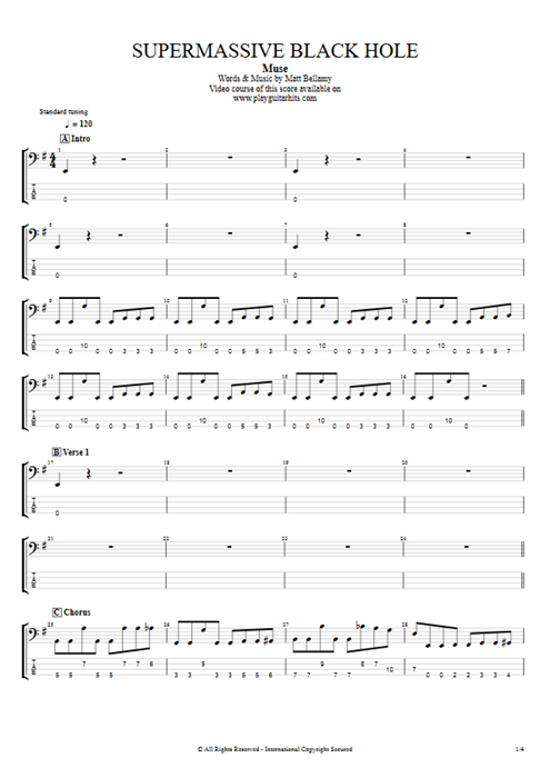 Supermassive Black Hole Muse guitar pro tab EBass Bass mysongbook