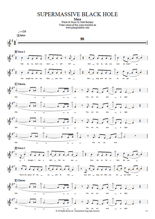 Supermassive Black Hole Muse guitar pro tab Vocals Bass mysongbook