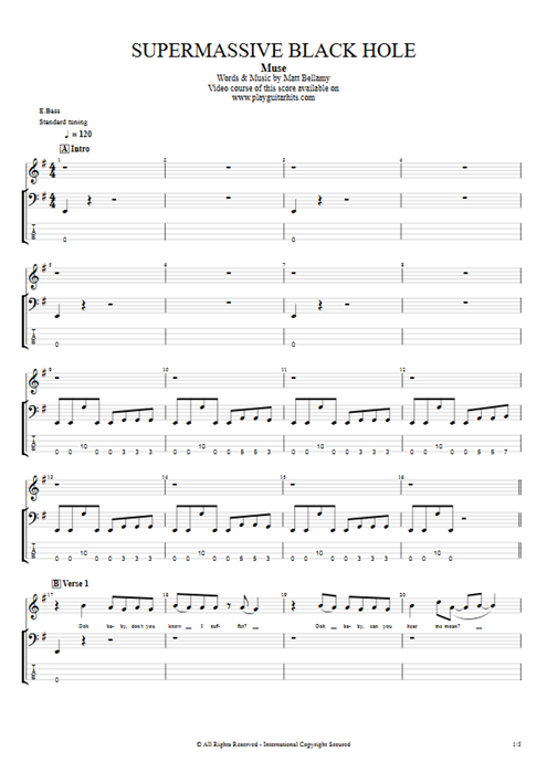 Supermassive Black Hole Muse guitar pro tab Full Score Bass mysongbook