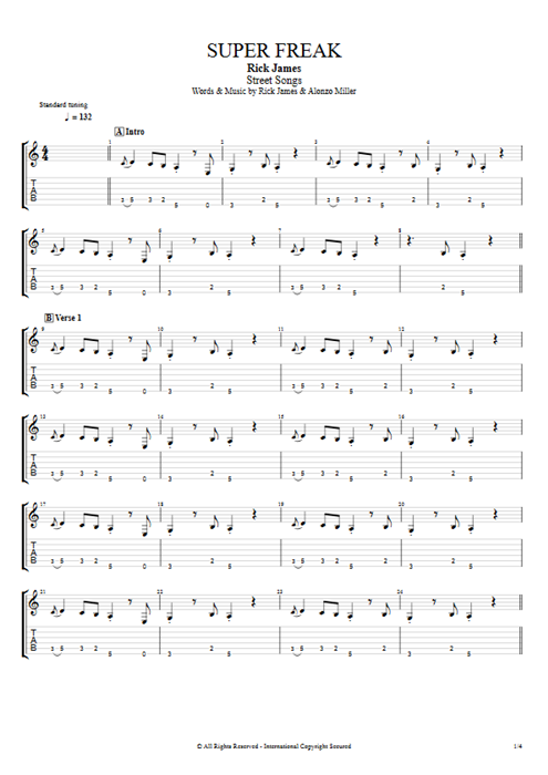 Super Freak Rick James guitar pro tab EGuitar Full Score mysongbook