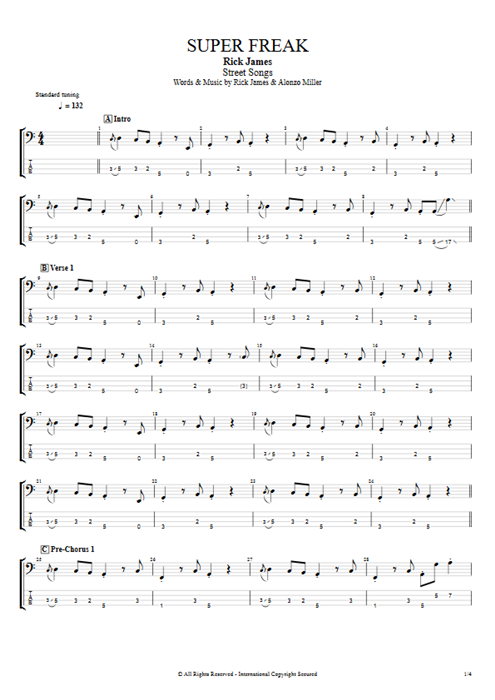 Super Freak Rick James guitar pro tab EBass Full Score mysongbook
