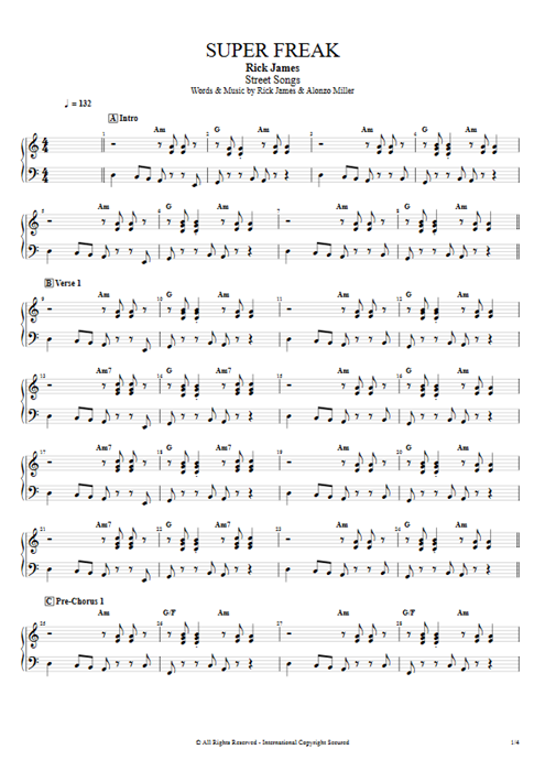 Super Freak Rick James guitar pro tab APiano Full Score mysongbook