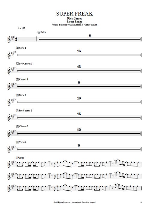 Super Freak Rick James guitar pro tab Sax Full Score mysongbook