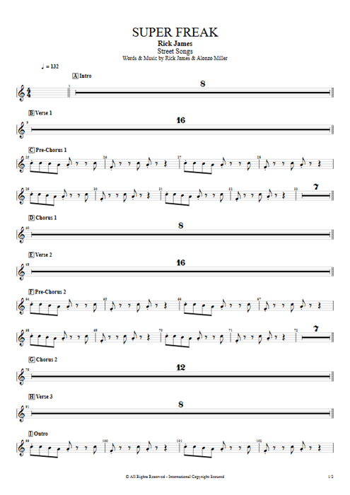 Super Freak Rick James guitar pro tab SynthI Full Score mysongbook