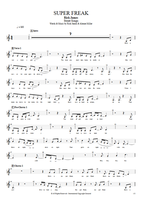 Super Freak Rick James guitar pro tab Vocals Full Score mysongbook
