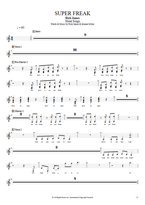 Super Freak Rick James guitar pro tab BackVoc Full Score mysongbook