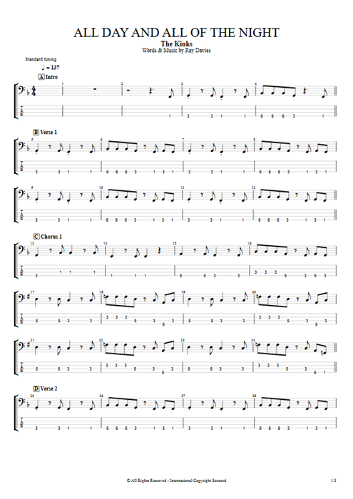 All Day and All of the Night The Kinks guitar pro tab EBass Guitars, Bass & Backing Track mysongbook