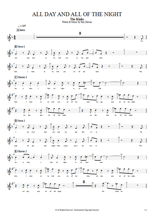 All Day and All of the Night The Kinks guitar pro tab Vocals Guitars, Bass & Backing Track mysongbook
