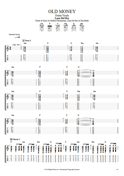 Old Money Lana Del Rey guitar pro tab AGuitar Guitar & Vocals mysongbook