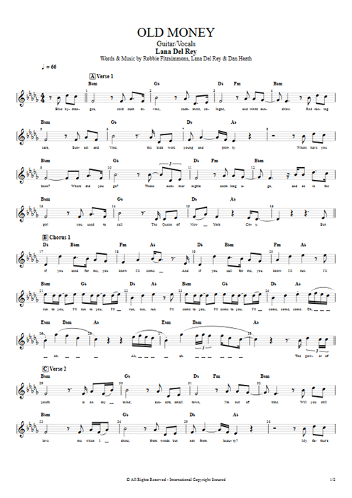 Old Money Lana Del Rey guitar pro tab Vocals Guitar & Vocals mysongbook