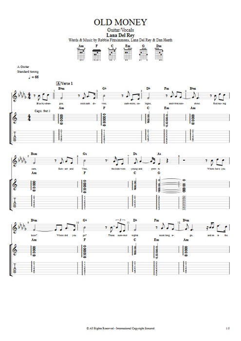 Old Money Lana Del Rey guitar pro tab Full Score Guitar & Vocals mysongbook