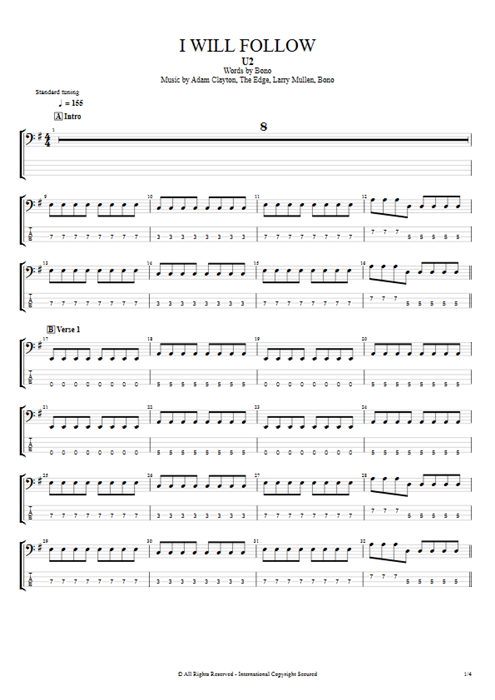 I Will Follow U2 guitar pro tab EBass Bass & Backing Track mysongbook