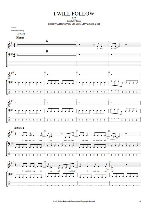I Will Follow U2 guitar pro tab Full Score Bass & Backing Track mysongbook